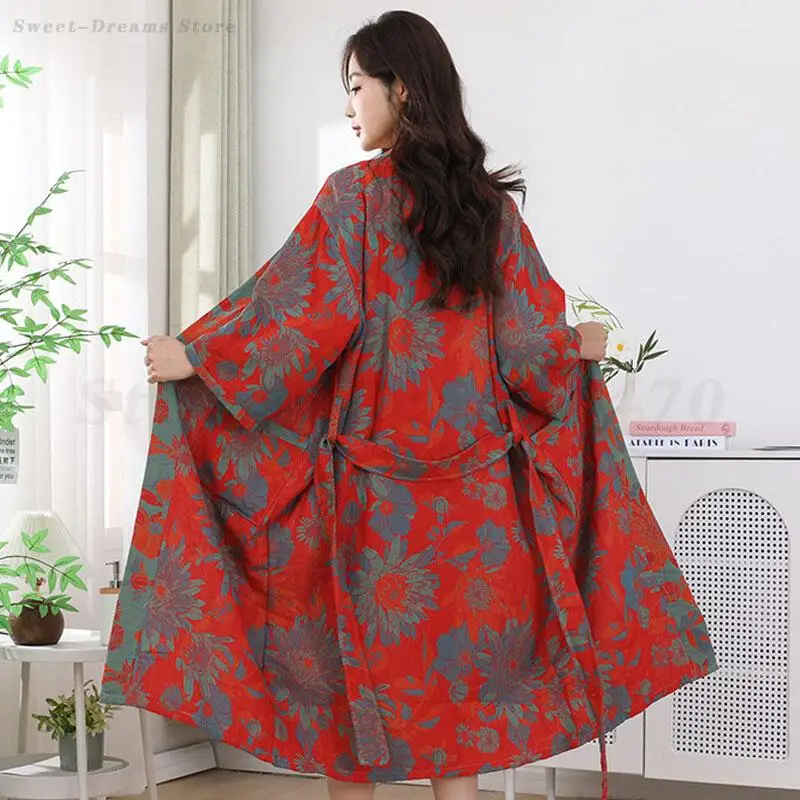 Cotton Gauze Bathrobe Kimono Gown Print Flower Sleepwear Home Wear Breathable Comfortable Robe Loungewear Loose Casual Nightgown 6