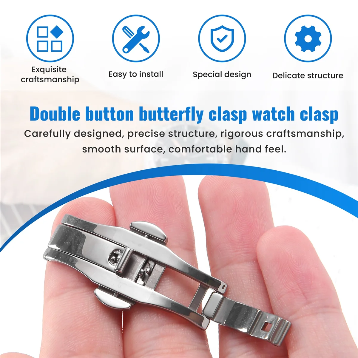 FZFZ Double Push Button Butterfly Clasp Buckle Silver For 21mm Watch Band Strap