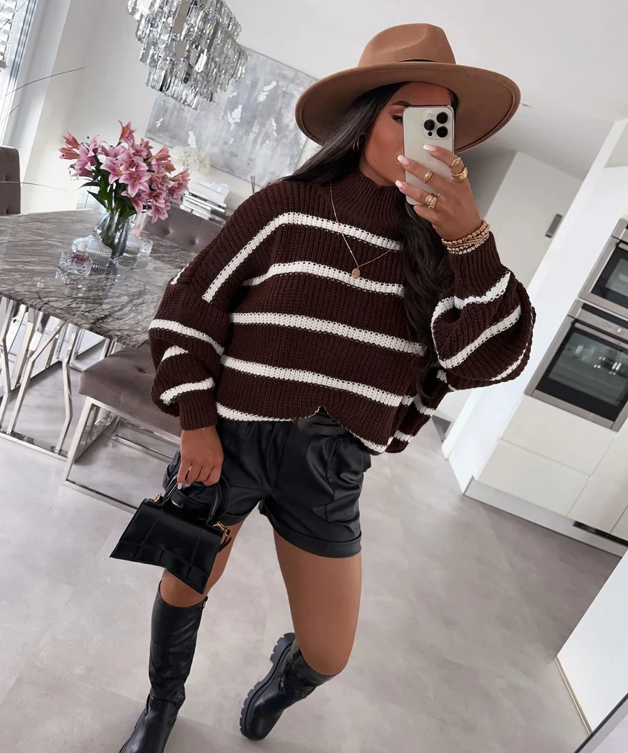 Dames losse kleurblok gestreepte trui Herfst- en wintergebreide trui Elegant en geschikt voor werk