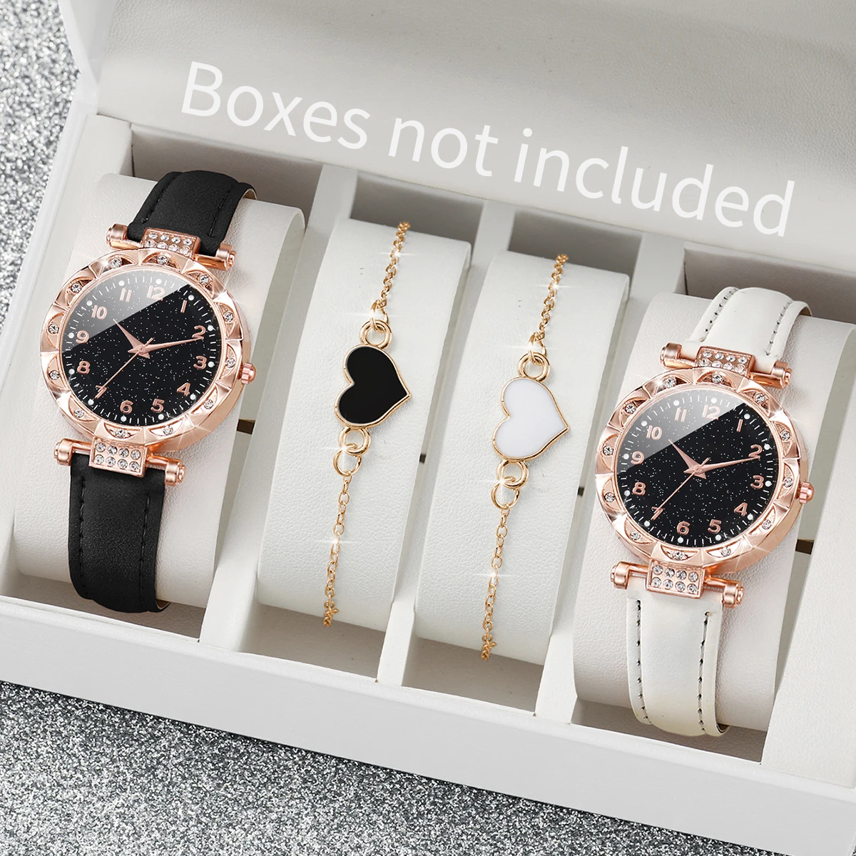 4pcs/set Fashion Women Leather Strap Quartz Watch with Heart-shaped Bracelet White Black Set