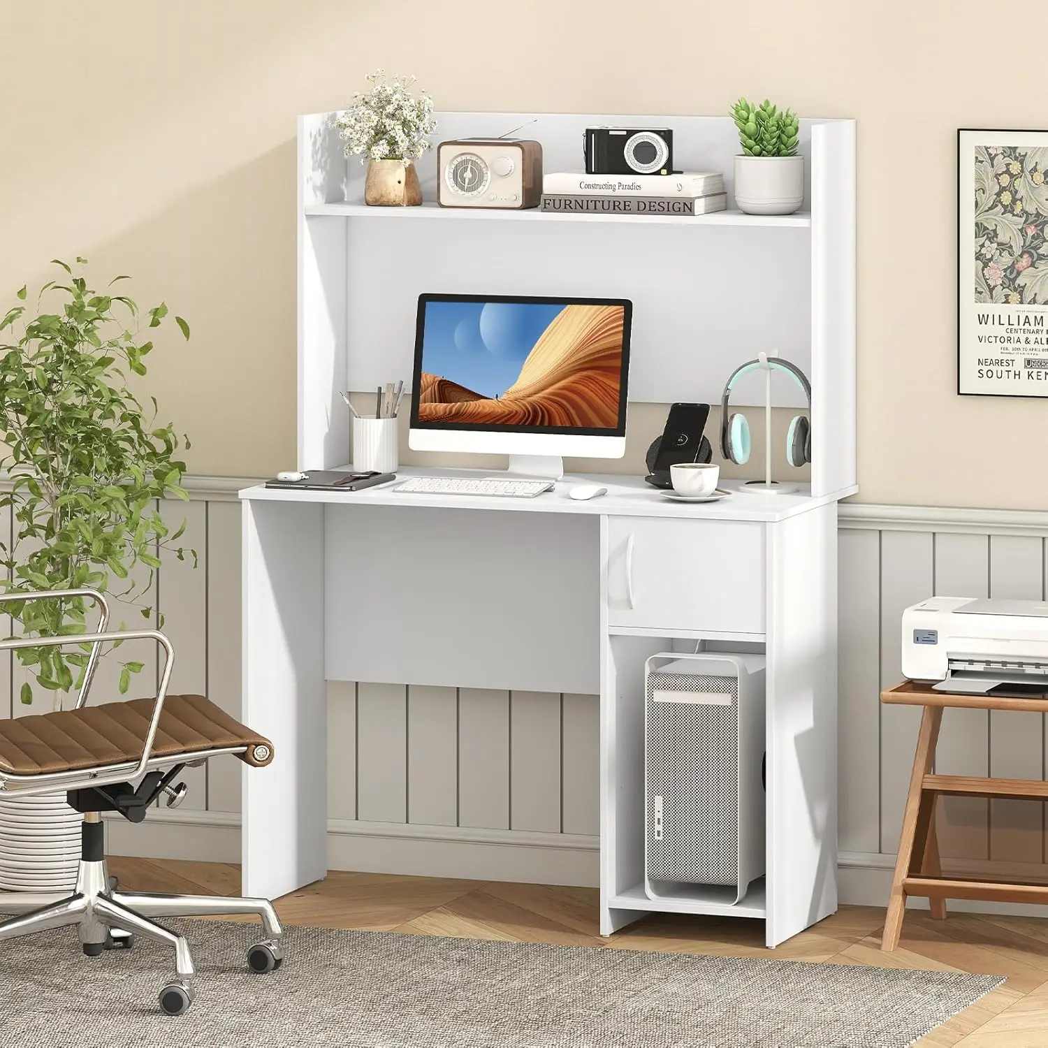 

White Desk with Hutch, Small Computer Desk with Bookshelf & Adjustable Shelf, 2 Cable Holes, Modern Laptop PC, Customized