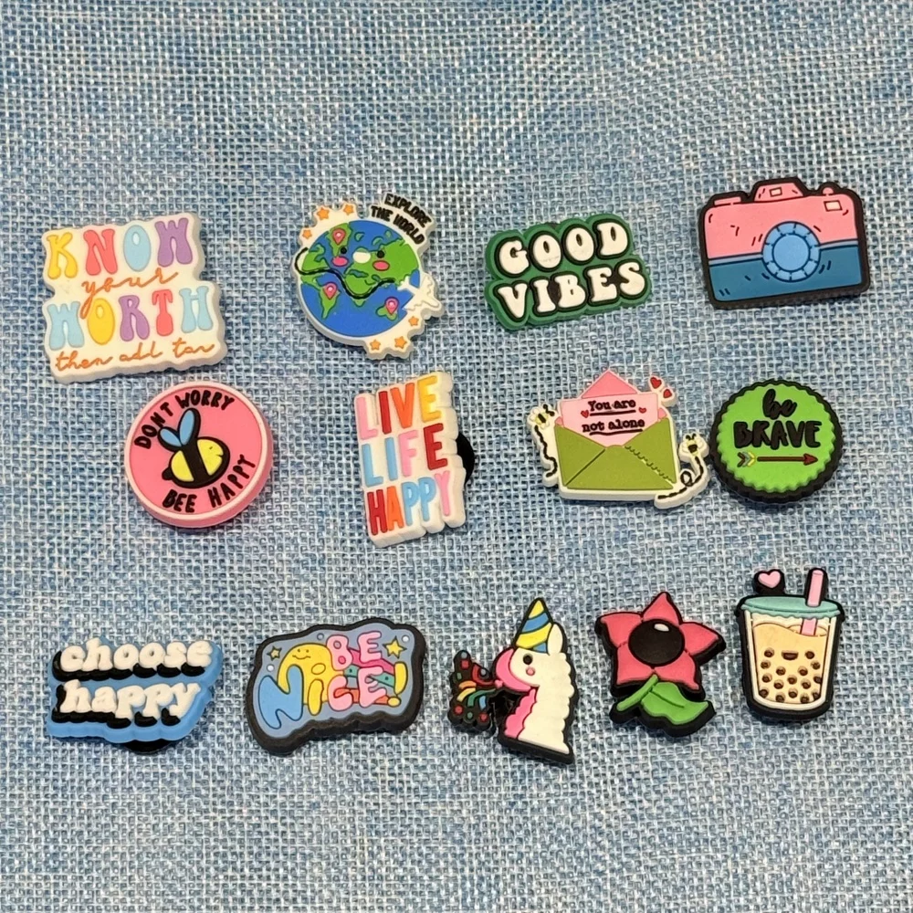 

13pcs Fashion Word Live Life Happy Be Nice Brave Explore Flower Milk Tea PVC Shoe Charms For Clogs Pins Sandals Shoes Decoration