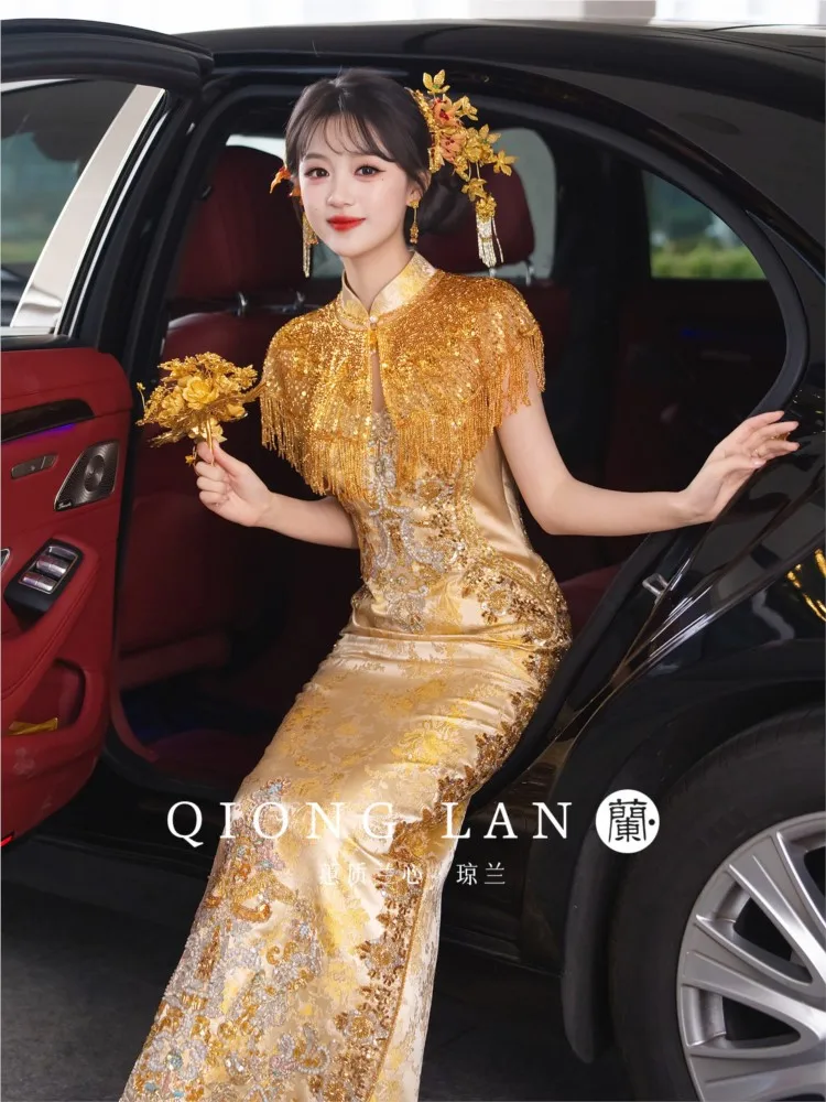 New golden wedding dress set of cheongsam toasting suit
