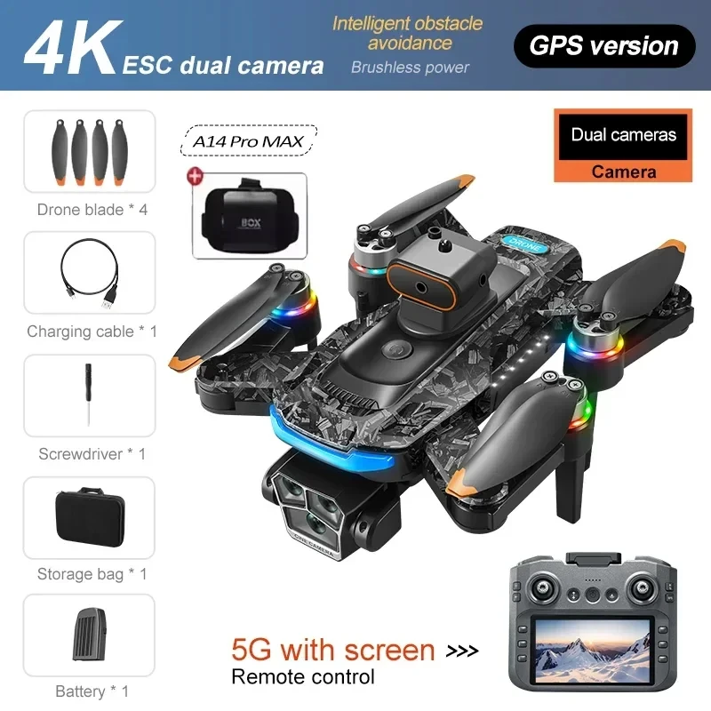 A14Pro Max Drone 8K HD Drie Camera's GPS Borstelloze Optische Flow Obstakelvermijding 4,5-inch groot scherm UAV RC 18000M