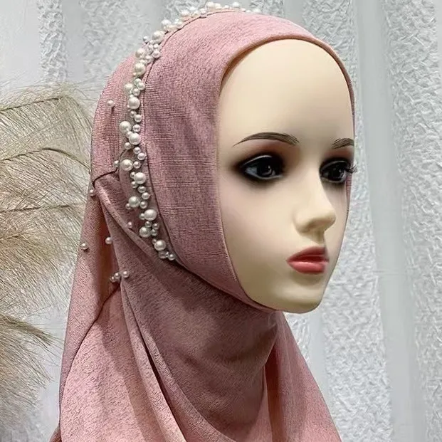 Women's Beaded Elastic Head Wrap - Solid Color Pull-On Hijab, Stylish Ethnic Knit Cap