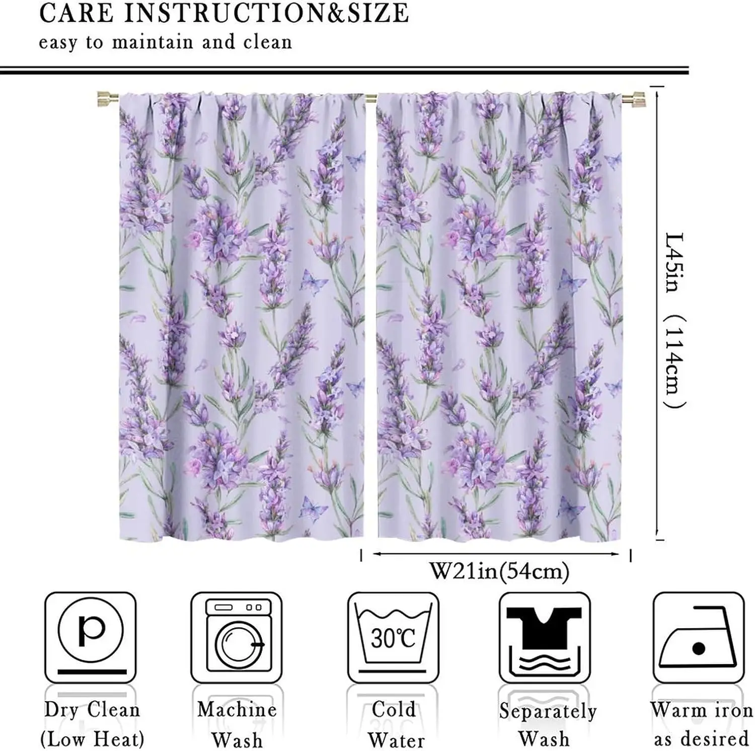 Pastel Lavender Floral Window Curtains 2 Panels,Watercolor Purple Flower Butterfly Soft Lilac Elegant Print Cottage Room Curtain