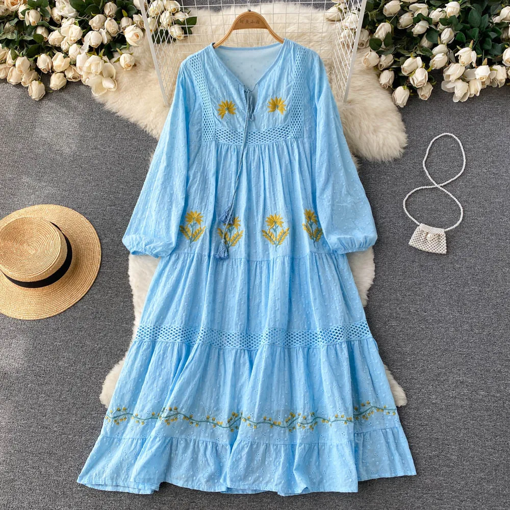 Vintage Chic Women Bohemian Heavy Flowers Embroidered Cotton Medium length Dress Robe Ladies V Neck Tassel Boho Maxi Dresses