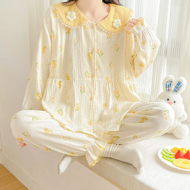 New Nursing Pyjamas Homewear Double Gauze Maternity Pajamas Set Cute Breastfeeding Clothes Long-Sleeved Pregnancy Sleepwear