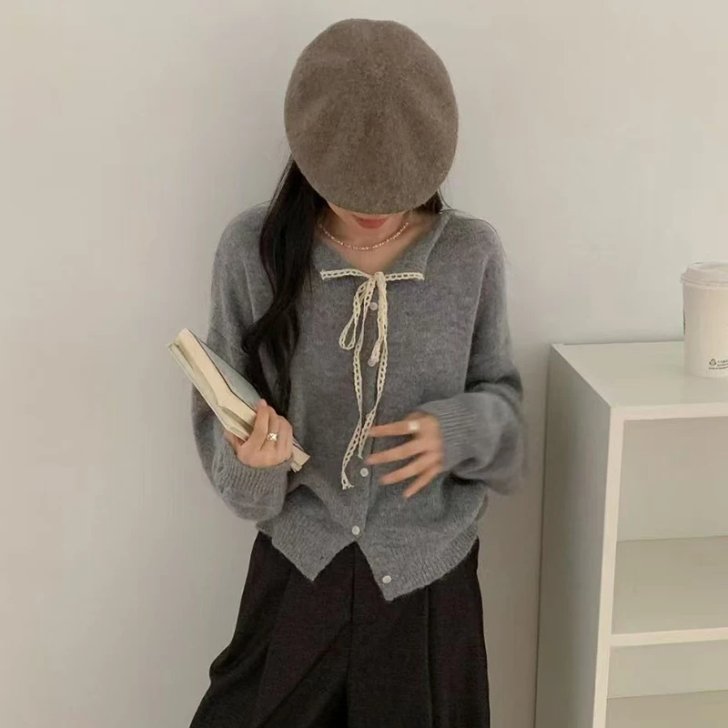 سترة صوفية بياقة مقلوبة من الدانتيل للنساء للخريف معاطف سترة غير رسمية بأزرار للنساء فضفاضة بأكمام طويلة ملابس خارجية دافئة للسيدات