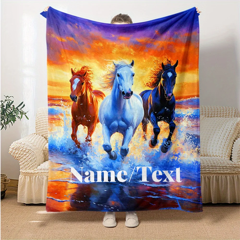 بطانية حصان مخصصة من الفلانيل الناعم مع تصميم خيول مهيب دافئ للمنزل والسفر والتخييم والاستخدام المكتبي #3