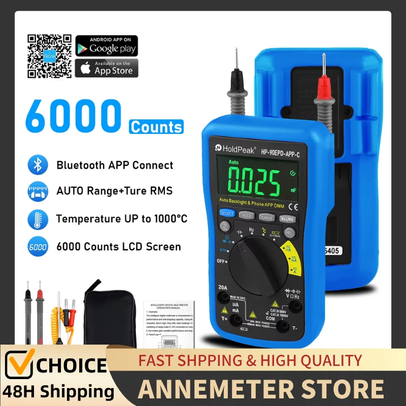 

HoldPeak Bluetooth APP True RMS 6000 Count Auto-Range Multimeter, Color LCD AC/DC V/A Ohm Cap Temp Freq, CAT III 1000V Safety