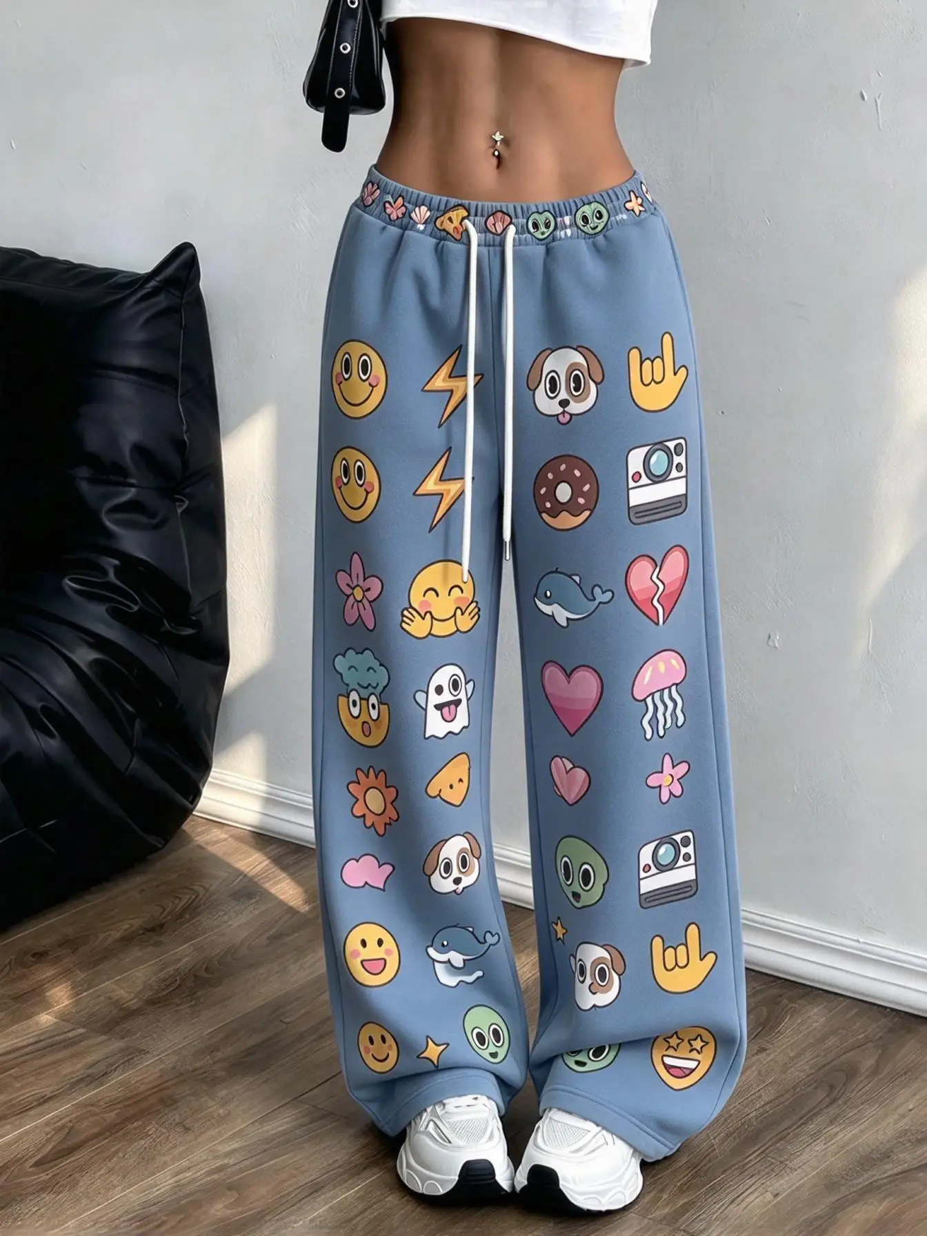 Women Low Waist Wide Leg Sweatpants Cute Emoji Cartoon Print Drawstring Elastic Loose Street Trousers