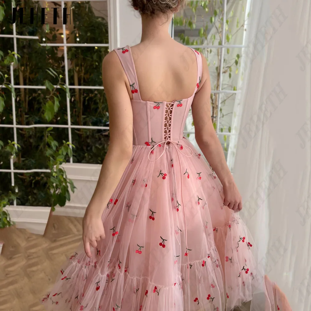 JEHETH Flowers Pink Prom Dress For Woman Spaghetti Straps A-Line Tulle Backless Ankle Length Sleeveless Lace Up Party Gowns