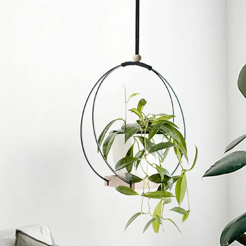 Kitchen Plant Decor Hanging Plant Stand with Wooden Base Multi-purpose Indoor Flower Pot Holder Mid Century Metal for Lovers