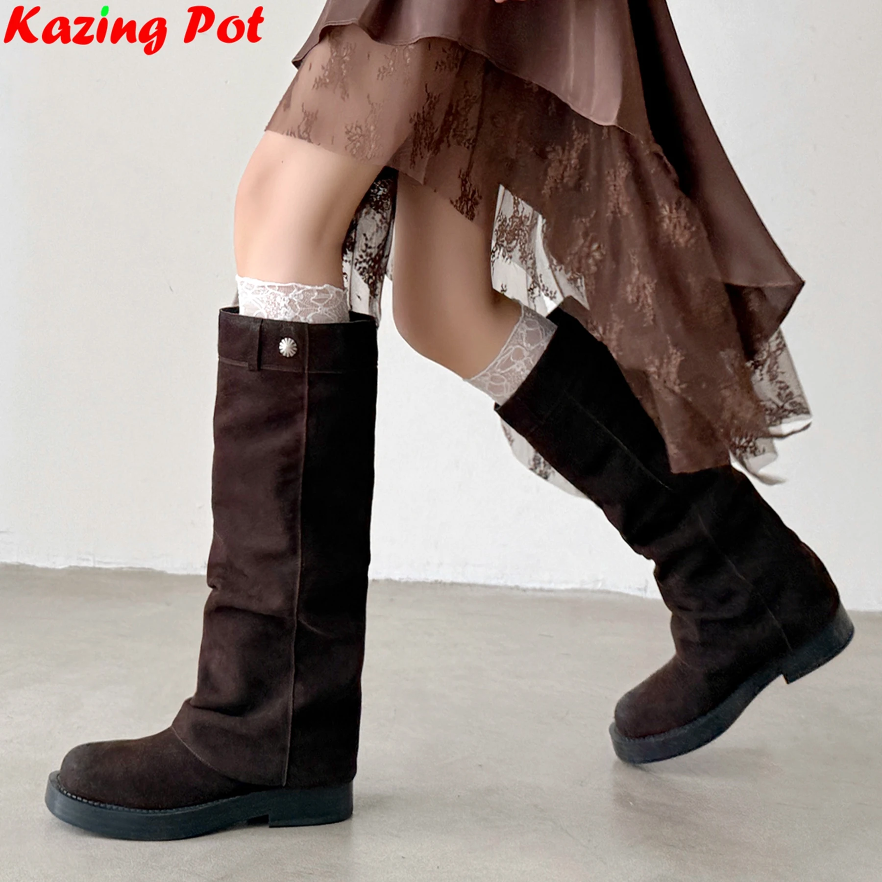 

Cow Leather Round Toe Med Heels Riding Boots Warm Autumn Winter Shoes Retro Luxury Pleated Concise Long Women Knee-high Boots