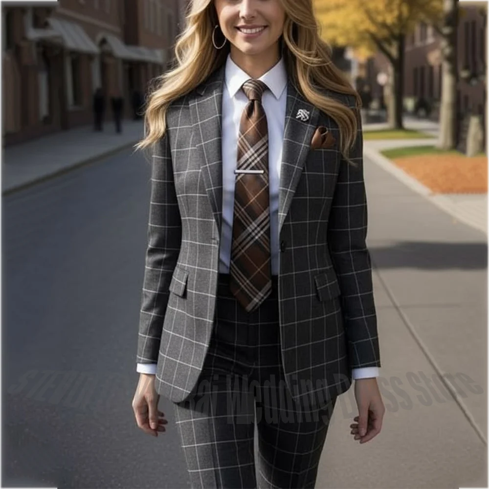 Grey Plaid Women Two Pieces Pants Suit Single Button Slim Elegant Business Office Interview Formal Outfit Set Daily Wear