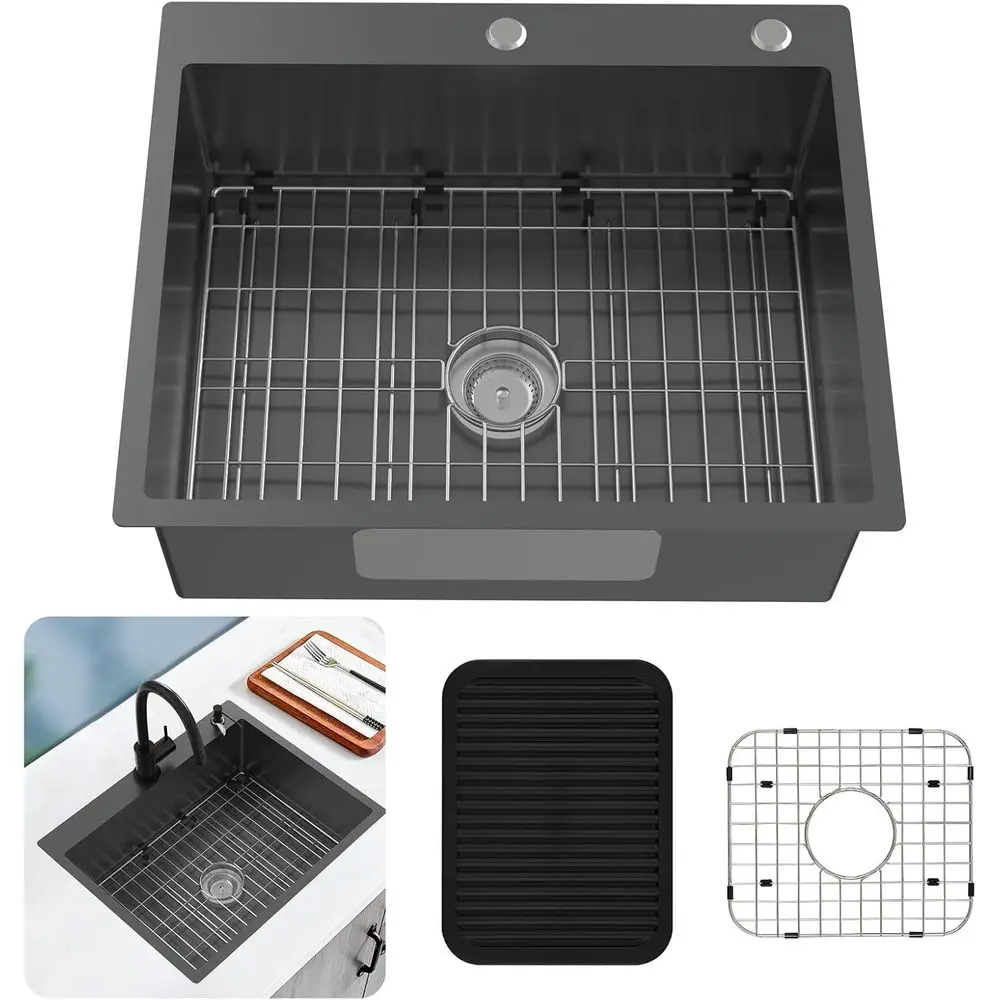 

Black Kitchen Sink, Stainless Steel 27 x 22 Inch Drop In Sink Single Bowl Top Mount Sink Set - Sink Grid, Silicone Mat And Drain