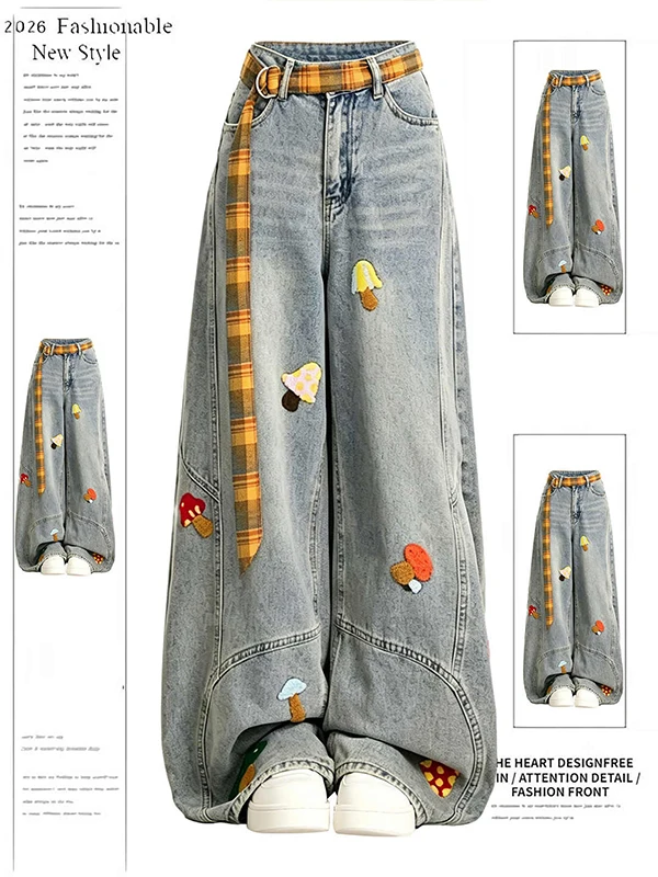 Retro American Cartoon Embroidered Towel High Waist Loose Wide Leg Knife  Jeans Women's Autumn 2026 New Style Casual Denim