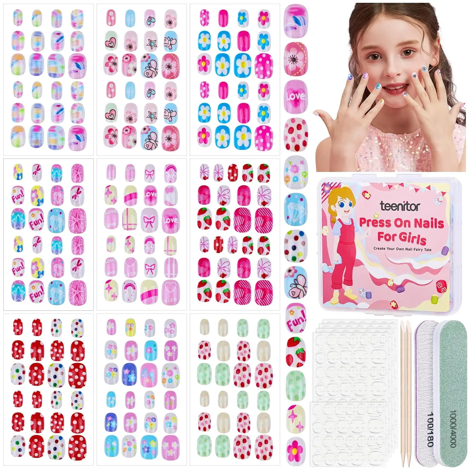 

216pcs Press on Nails for Girls, 9 Colors 10 Sizes, Short Acrylic Nails with Adhesive Tabs