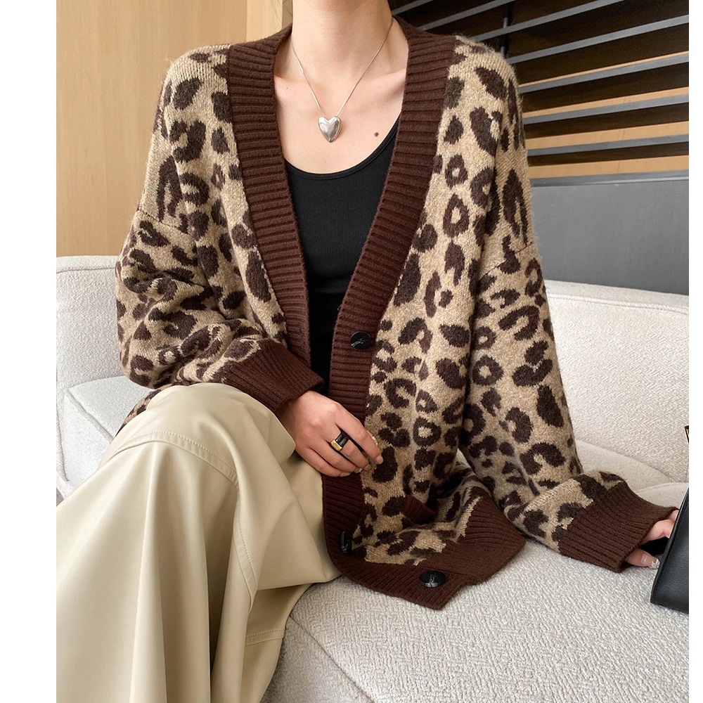 Women Autumn V-Neck Leopard Print Vintage Cardigans Coat Knitted Single Button Blue Sweater Women Winter Cape Clothes Tops