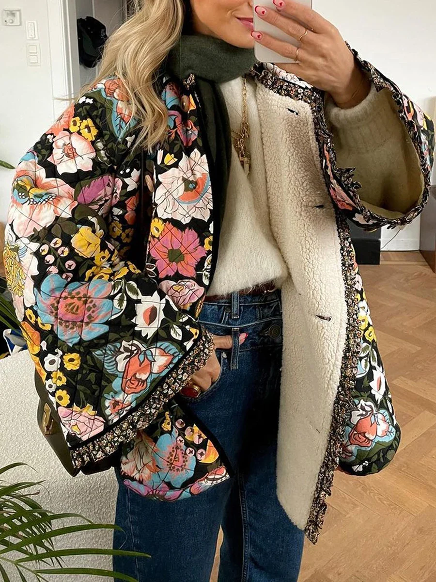 

Women's Cropped Puffer Jacket Vintage Floral Print Padded Quilted Coat Long Sleeve Lightweigt Vintage Padded Jacket Outerwear