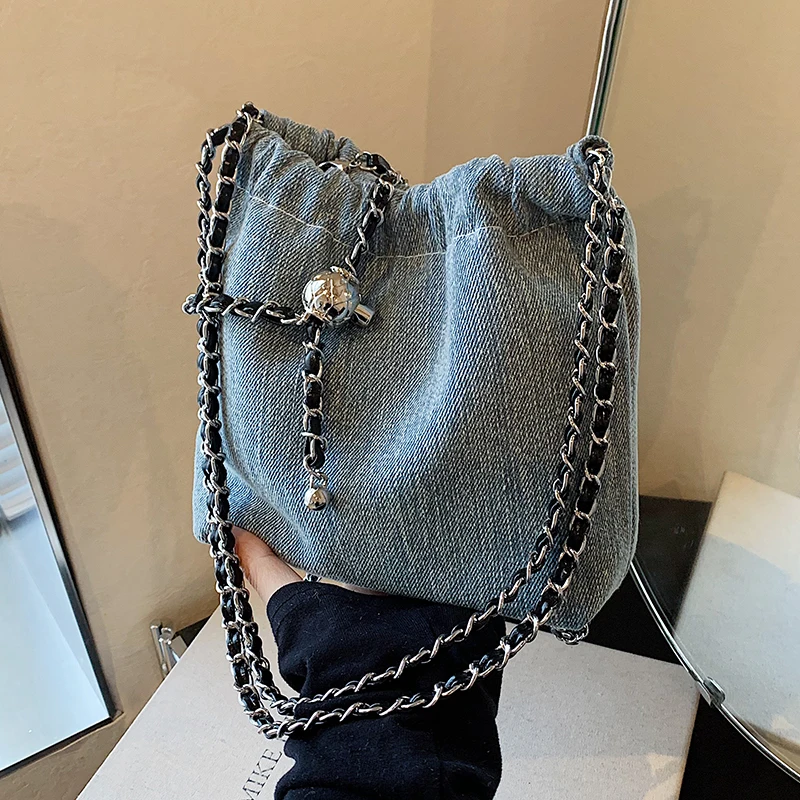 Denim Chain Bucket Bag Shoudler Crossbody Bag for Women Handbag and Purses 2024 New Trendy Lady‘s Messenger Clutches Bag