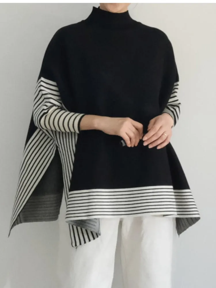 Autumn Winter Women's High Neck Sweater Fashion Striped Batwing Sleeve Loose Urban Casual Knitted Pullovers Ladies Tops