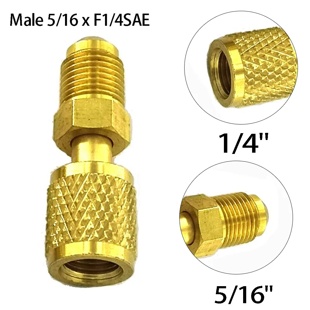 Male Adapter For R410 R32 R22 Gold Male 5/16 X F1/4 SAE Brass Ergonomic Construction For Air Conditioning Systems