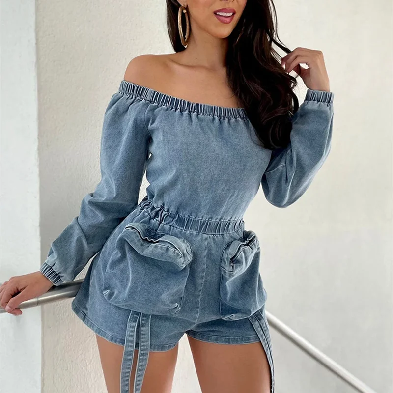 BPN Streetwear Patchwork Pockets Cargo Playsuits For Women Slash Neck Long Sleeve High Waist Casual Loose Playsuit Female Style