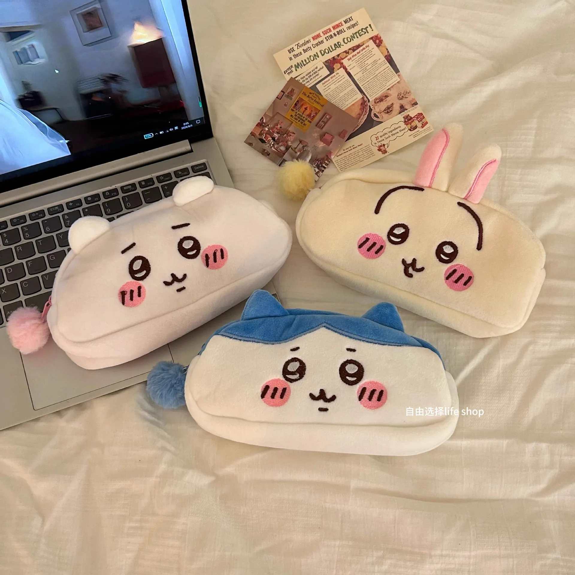 Chiikawa saco de lápis de pelúcia hachiware usagi saco de lápis japonês bonito saco de papelaria de pelúcia grande capacidade estudante caixa de papelaria