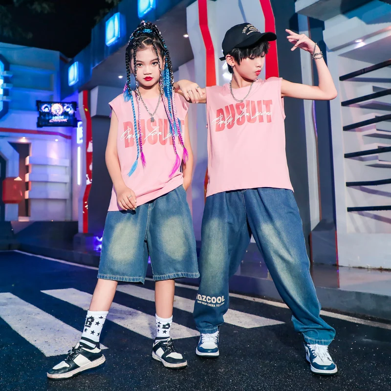 Kids Streetwear Kpop Clothing Pink Sleeveless T Shirt Casual Denim Hip Hop Pants for Girls Jazz Dance Costume Teenage Clothes