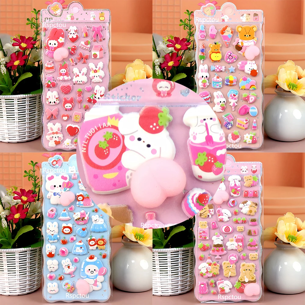 

4pcs Kawaii Cartoon Animal Happy Buttocks Stickers Cute Rabbit Bear Pinchable Decompression Toys Decals Decoration Supplies Gift