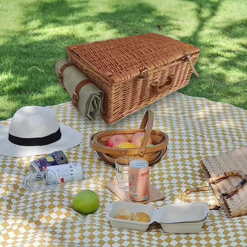 

Willow Picnic Basket 4 Person Outdoor Wicker Hamper Set Plates Cutlery