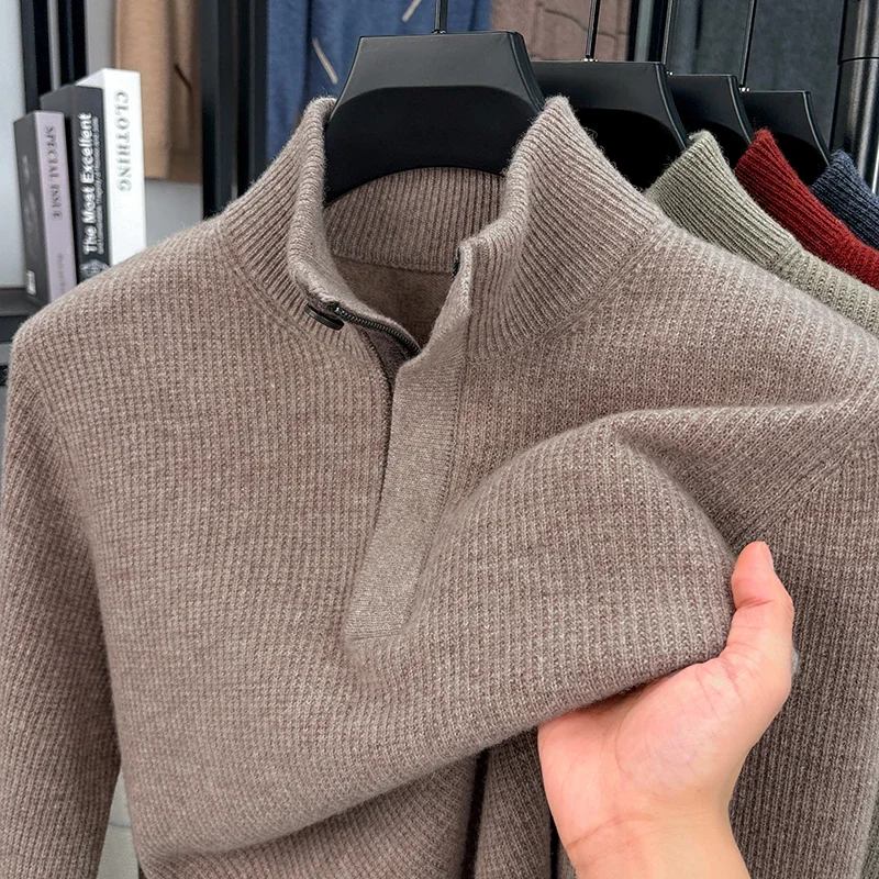 100%  Sheep Wool Thick Clothes New Trendy 2025 Winter Stand Collar Warm Sweater Male One Button Cashmere Wool Zipper Tops
