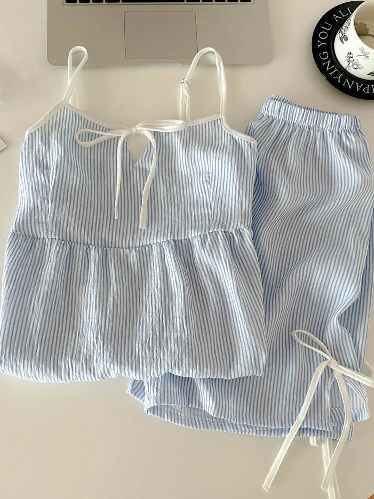 

Синий полосатый комплект для дома с кружевной отделкой и бретелями, женская летняя одежда, шорты, V-образный вырез, легкий хлопок Cloud Cotton, повседневный стиль