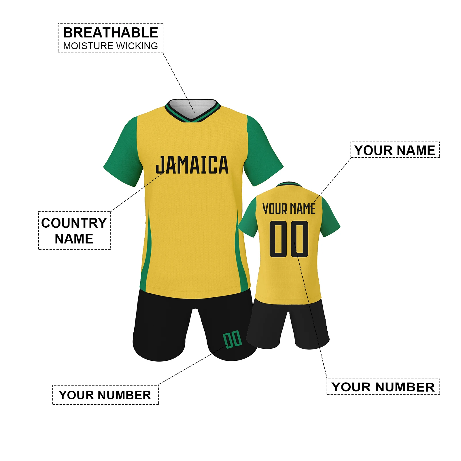 Jamaica Custom Kids Football Kit Personalized Soccer Jersey with Name Number Youth Team Uniform Sportswear for Boys and Girls