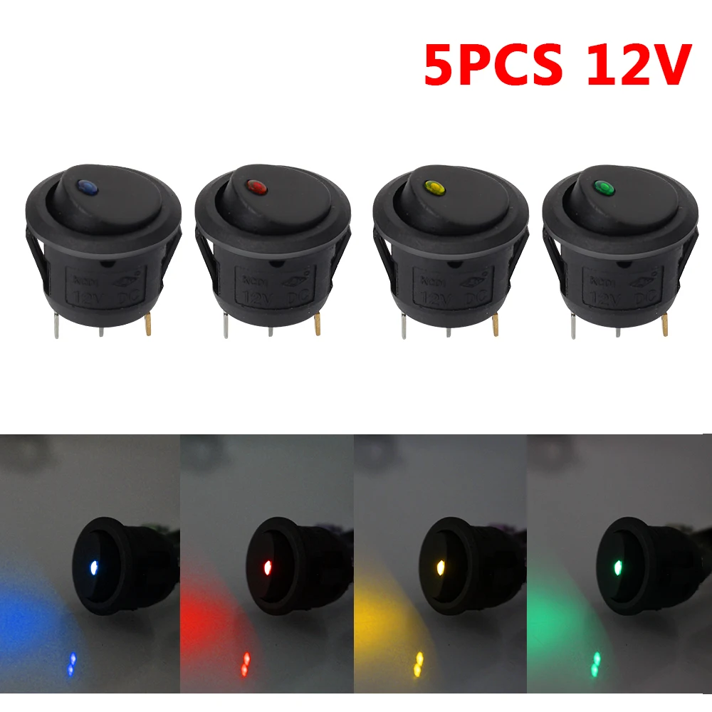 Luminescence Toggle Switches Round Rocker Dot Switch LED Light 5Pcs/Set Waterproof 12V ON/OFF Car Pushbutton Switch