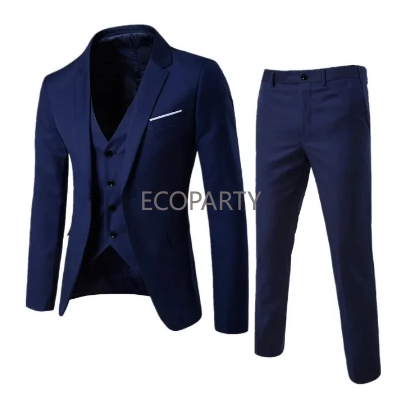 Mode Zomer Dunne Formele Set Plus Size Voor Heren Is Slank 3-delig Pak Bruiloftskostuum Broek Heren Slim Fit Blazer Ecoparty