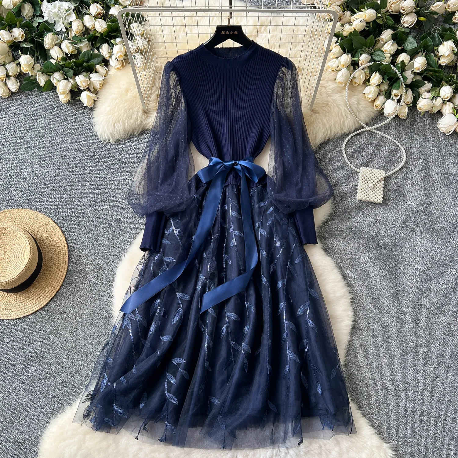 Retro Elegant Knit Patchwork Mesh Dress Sets Sexy Fairy Puff Sleeve Summer Casual Vestidos Slim Women Evening Party Dress