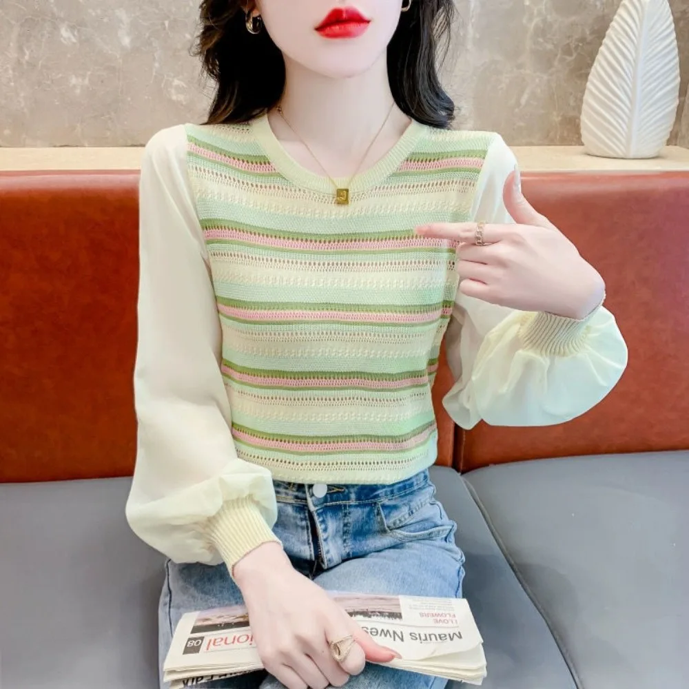 Sweet Hollow Striped Knit Shirt For Women's Autumn 2023 New French Patchwork Chiffon Long Sleeved Loose Fitting Korean Top