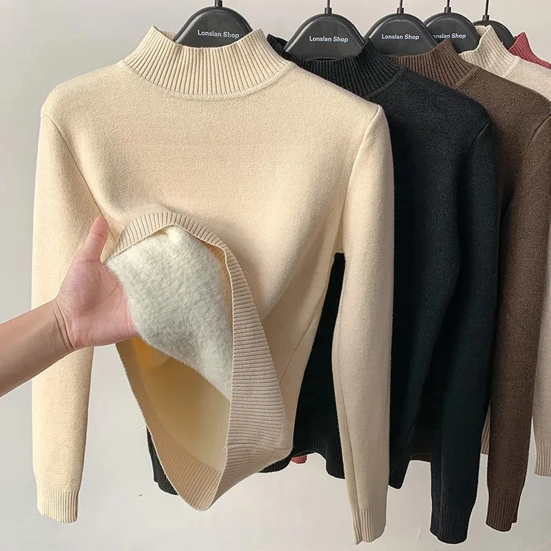 

2023 Woman Turtleneck Winter Sweater Casual Knitted Pullovers Fashion Clothes Simple Fleece Lined Warm Knitwear Base Top