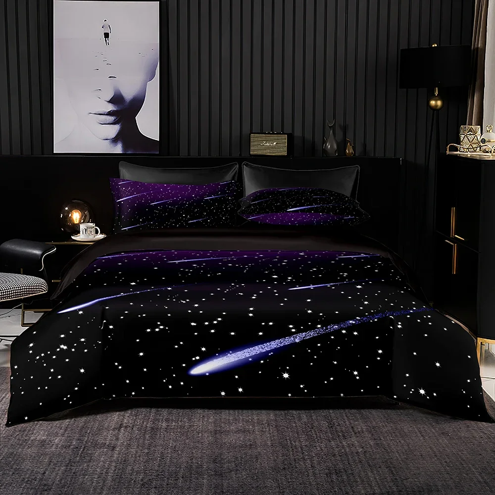 Soft Black Bedding Set 2/3Pcs,Concise Design Duvet Cover with Pillowcase,White Dots with Sliver Meteor Print for Queen King Size