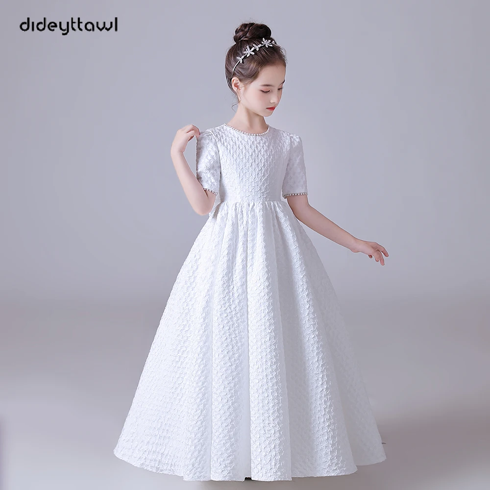 Dideyttawl personalizado branco puff saia elegante flor meninas vestido para festa de casamento mangas curtas concerto júnior vestido de dama de honra