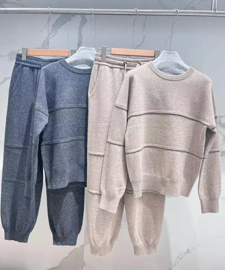 Autumn Winter Women Cashmere Suit O-Neck Long Sleeve Sweater and Elastic Waist Long Pants