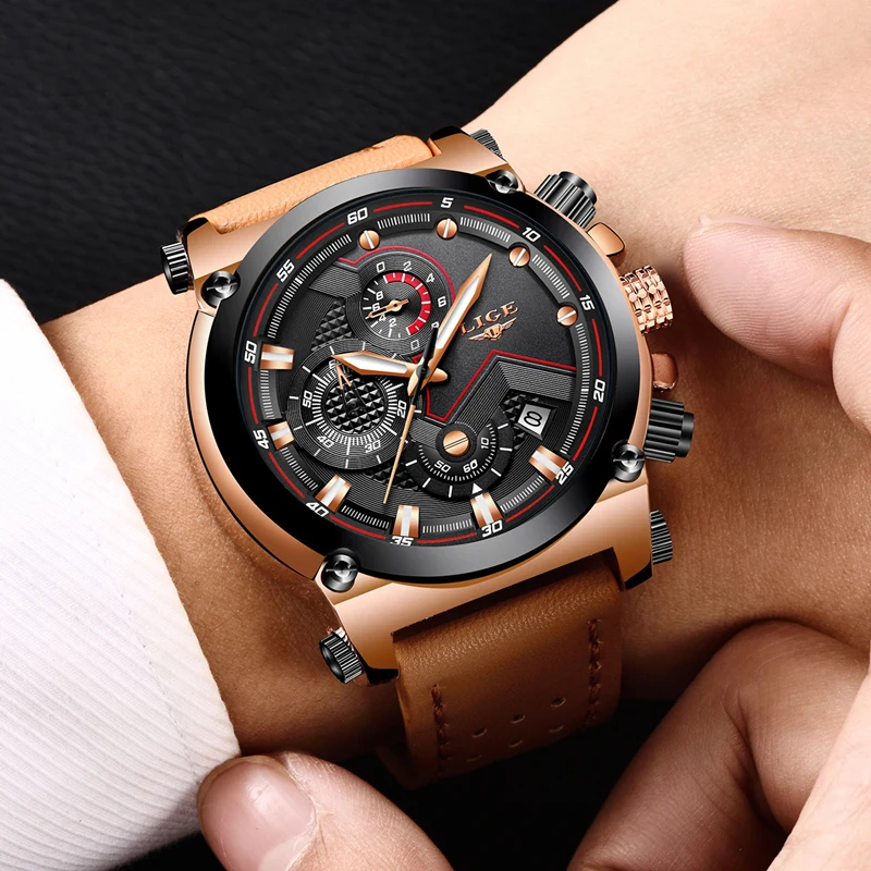 LIGE Mens Watches Fashion Sport Quartz WristWatch with Brown Leather Strap Chronograph Waterproof Auto Date Watch Men Clock Gift