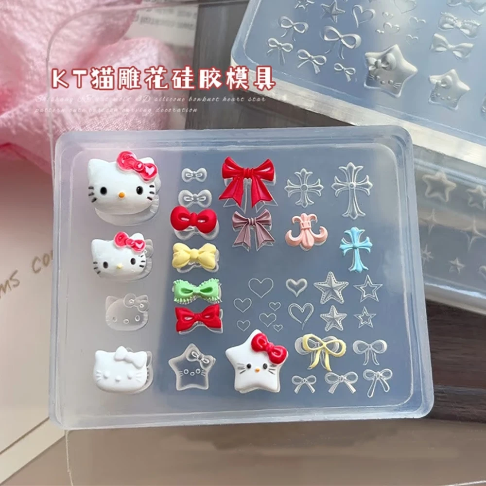 3D Kawaii Cartoon Hello Kitty Nail Carving Mold Sticker Silicone Nail Art Mold Heart Bowknot Cross Nails Stencils Decals for DIY - Image 4