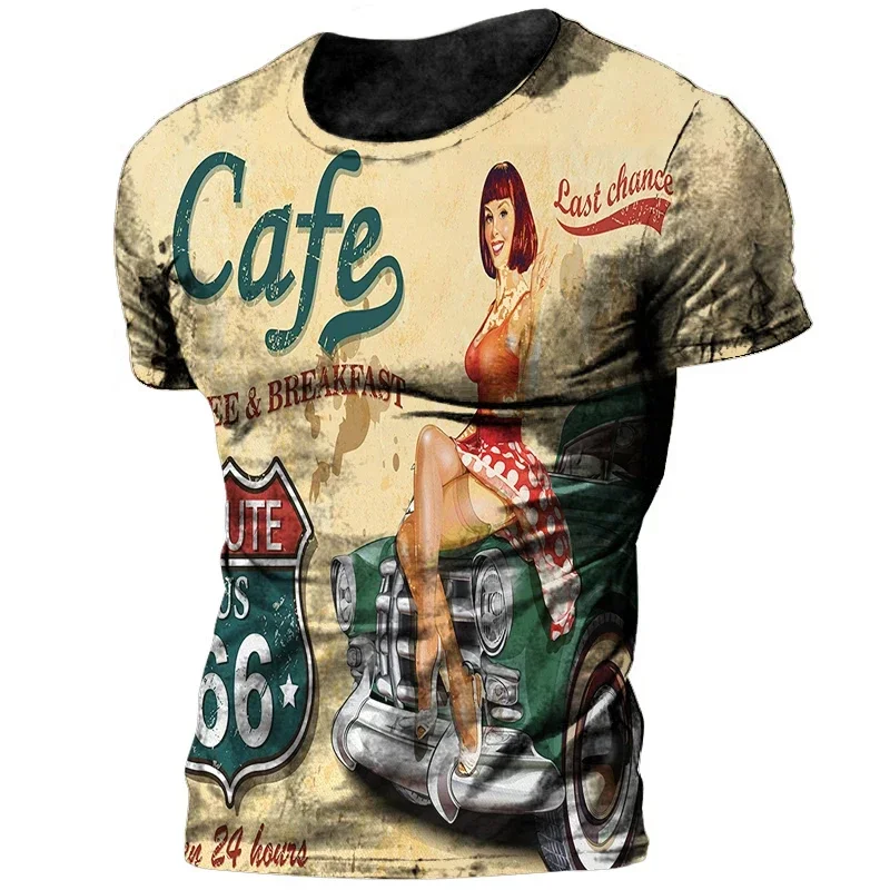 

American Retro Men's T-shirts 3d Route 66 Print Short Sleeve Tops Modern Girl T Shirt for Mens Motorcycle T-shirts Oversized Tee