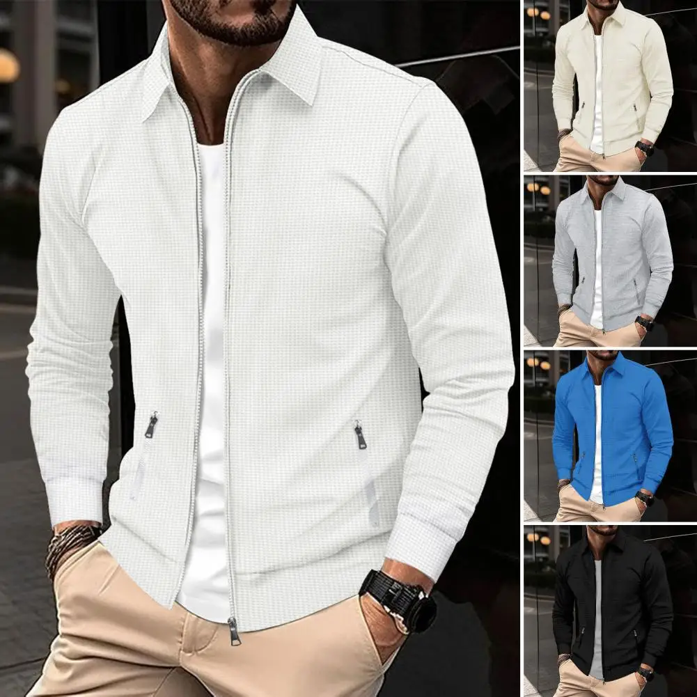 Jaqueta slim fit waffle padrão com zíper masculino com lapela, jaqueta de algodão elegante, com zíper, primavera