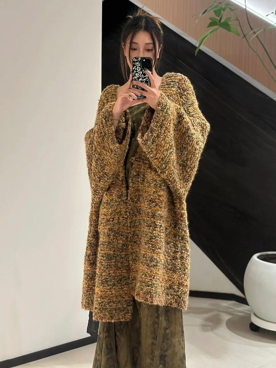 

2025 Autumn and Winter New Mid to Long Knitted Cardigan Women's Loose Sweater Coat Thick