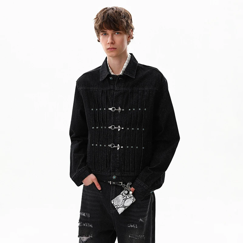 LUZHEN 2025 Trendy Metal Buckle Personalized Pleated Design Denim Jacket Men's Fashion Elegant Handsome Solid Color Coat JY5666